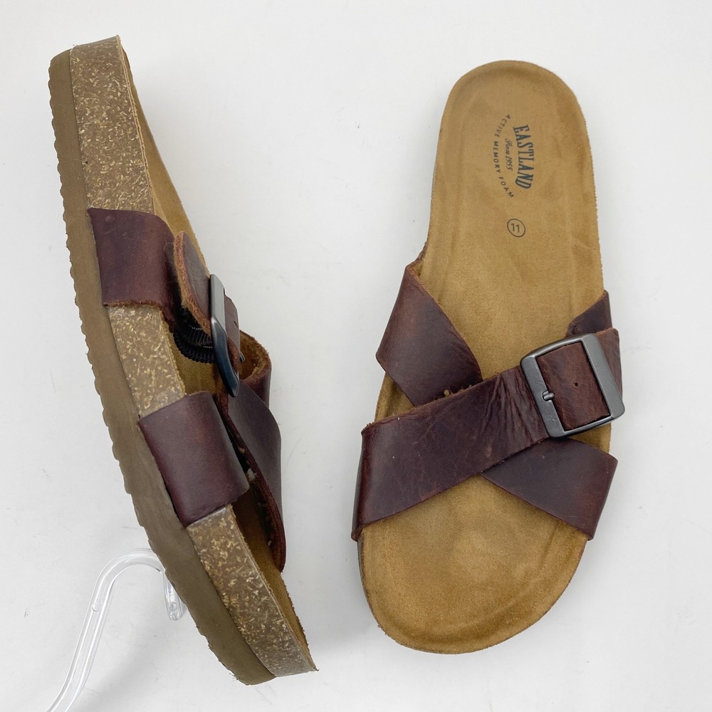 Eastland Kelley Womens‎ 11M Brown Oiled Leather Buckle Cross Strap Slide Sandals